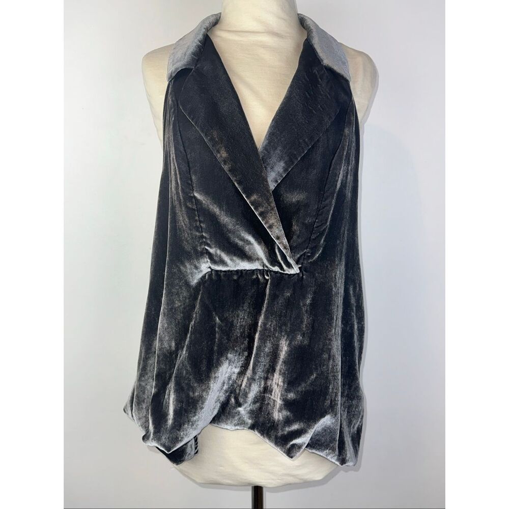 Anthropologie Sz L Dylon Sleeveless Halter Velvet Top Grey Plunge Blouse